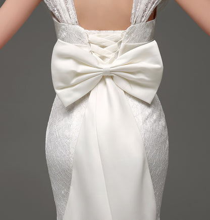 7‑Day Dispatch Cap Sleeve V‑Neck Full Lace Mermaid Wedding Dress Beaded Sash with Back Bow Bridal Gown