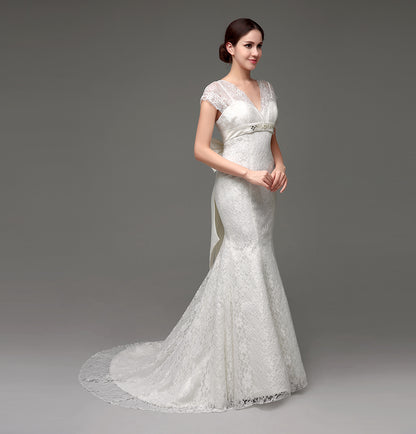 7‑Day Dispatch Cap Sleeve V‑Neck Full Lace Mermaid Wedding Dress Beaded Sash with Back Bow Bridal Gown