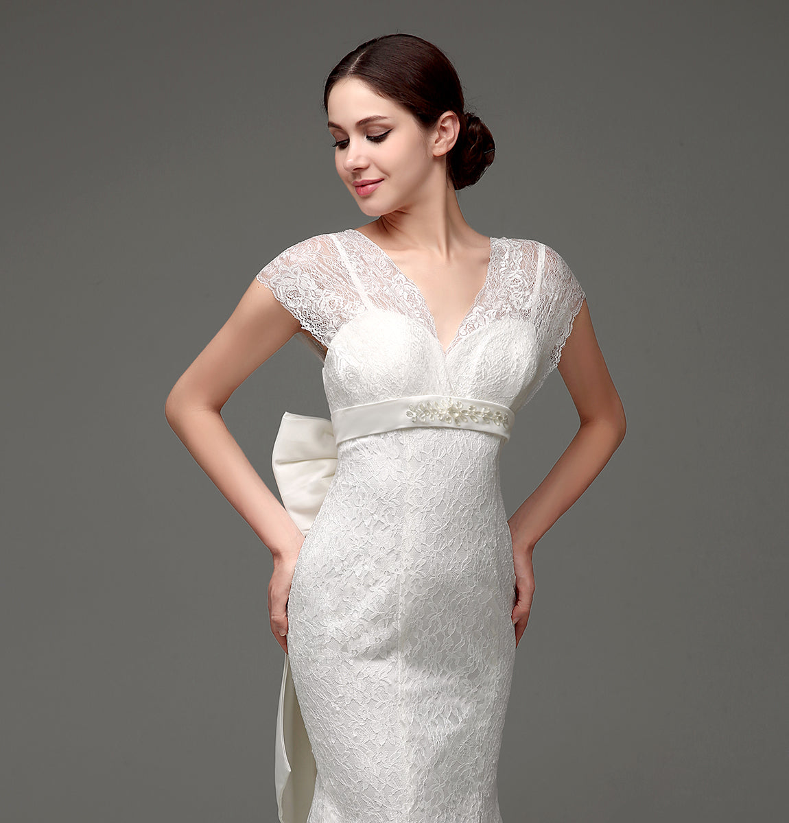 7‑Day Dispatch Cap Sleeve V‑Neck Full Lace Mermaid Wedding Dress Beaded Sash with Back Bow Bridal Gown