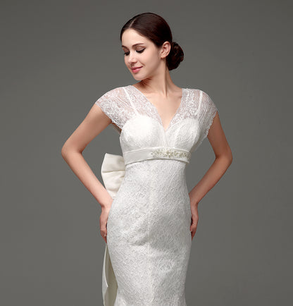 7‑Day Dispatch Cap Sleeve V‑Neck Full Lace Mermaid Wedding Dress Beaded Sash with Back Bow Bridal Gown