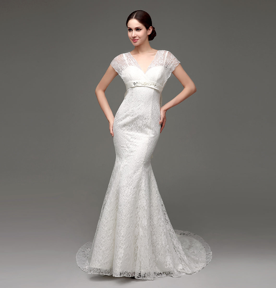 7‑Day Dispatch Cap Sleeve V‑Neck Full Lace Mermaid Wedding Dress Beaded Sash with Back Bow Bridal Gown