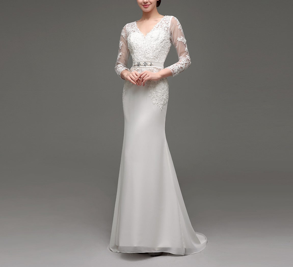 7‑Day Dispatch Long Sleeve V‑Neck Lace Mermaid Wedding Dress Beaded Waistband Sheer Back Bridal Gown