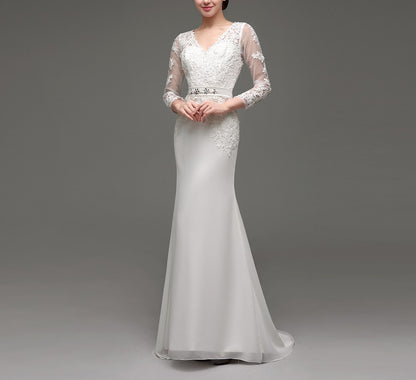 7‑Day Dispatch Long Sleeve V‑Neck Lace Mermaid Wedding Dress Beaded Waistband Sheer Back Bridal Gown
