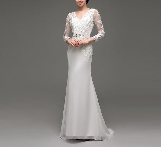 7‑Day Dispatch Long Sleeve V‑Neck Lace Mermaid Wedding Dress Beaded Waistband Sheer Back Bridal Gown
