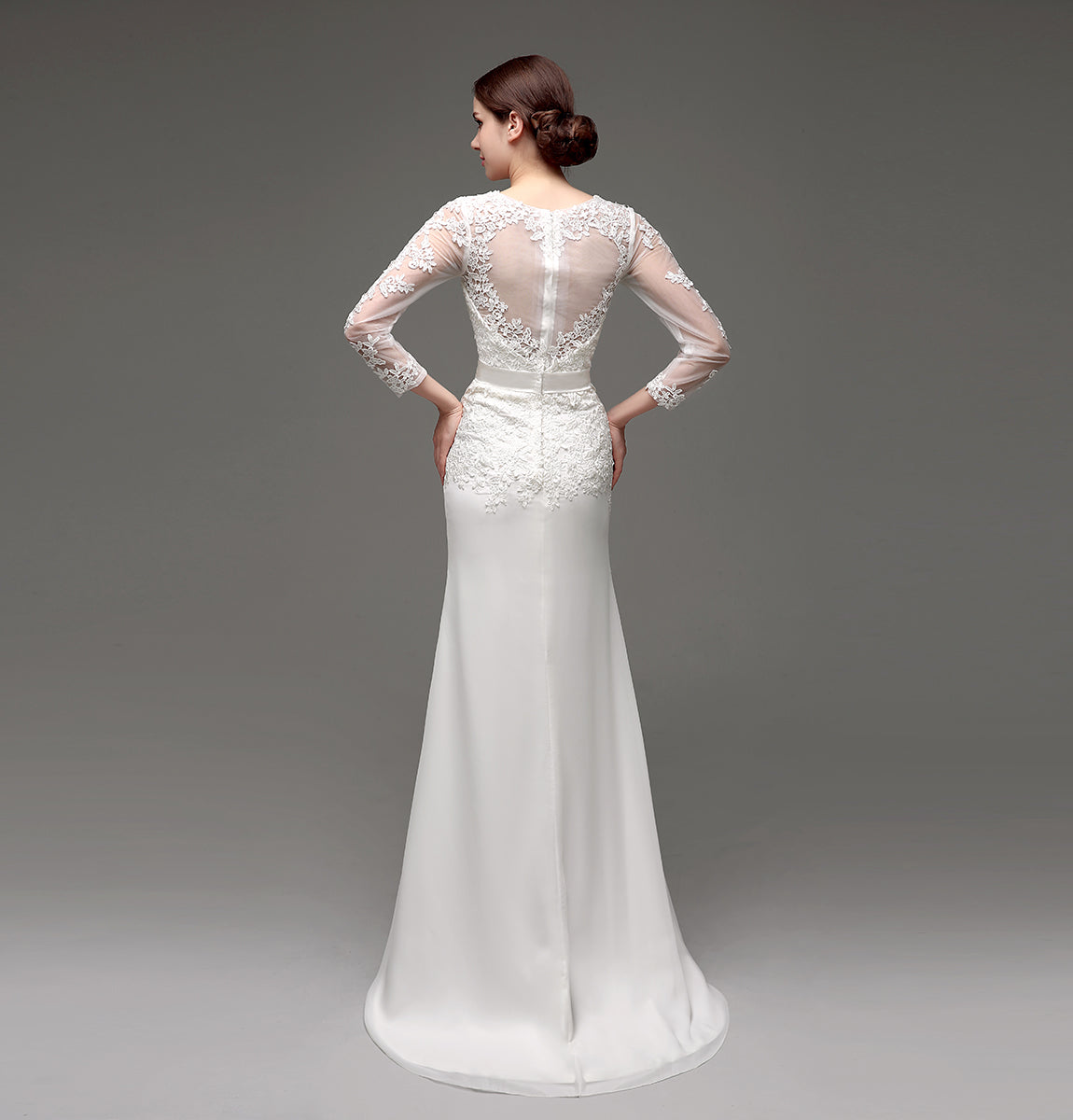 7‑Day Dispatch Long Sleeve V‑Neck Lace Mermaid Wedding Dress Beaded Waistband Sheer Back Bridal Gown