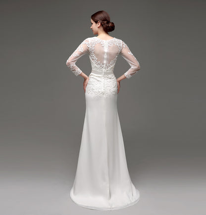 7‑Day Dispatch Long Sleeve V‑Neck Lace Mermaid Wedding Dress Beaded Waistband Sheer Back Bridal Gown