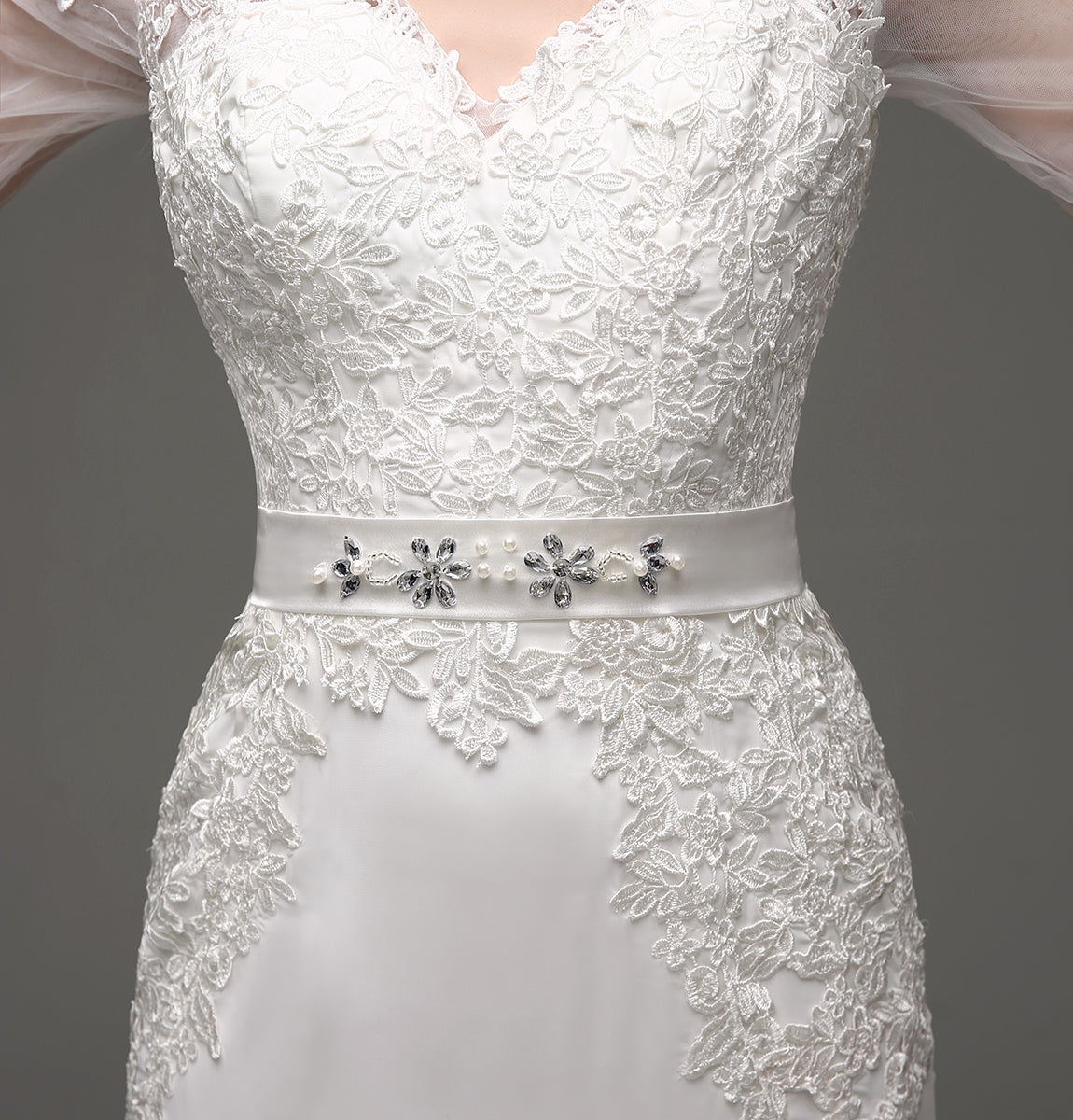 7‑Day Dispatch Long Sleeve V‑Neck Lace Mermaid Wedding Dress Beaded Waistband Sheer Back Bridal Gown