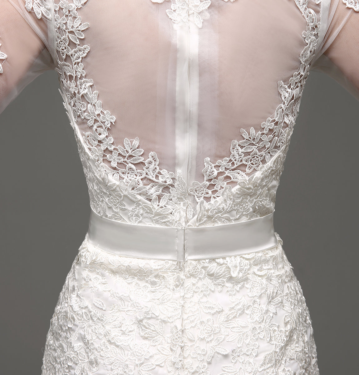 7‑Day Dispatch Long Sleeve V‑Neck Lace Mermaid Wedding Dress Beaded Waistband Sheer Back Bridal Gown