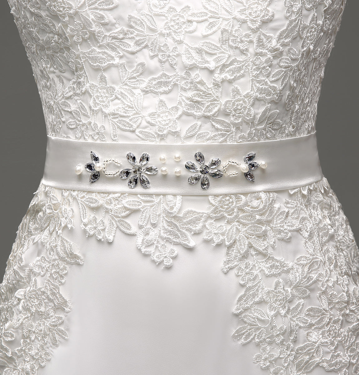 7‑Day Dispatch Long Sleeve V‑Neck Lace Mermaid Wedding Dress Beaded Waistband Sheer Back Bridal Gown