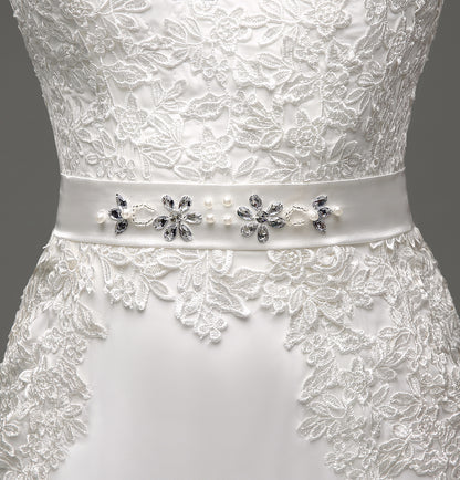 7‑Day Dispatch Long Sleeve V‑Neck Lace Mermaid Wedding Dress Beaded Waistband Sheer Back Bridal Gown