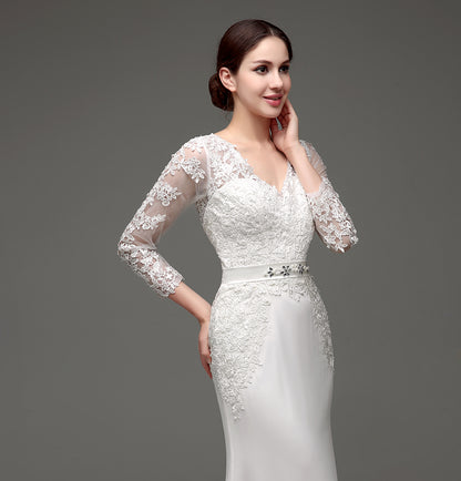 7‑Day Dispatch Long Sleeve V‑Neck Lace Mermaid Wedding Dress Beaded Waistband Sheer Back Bridal Gown