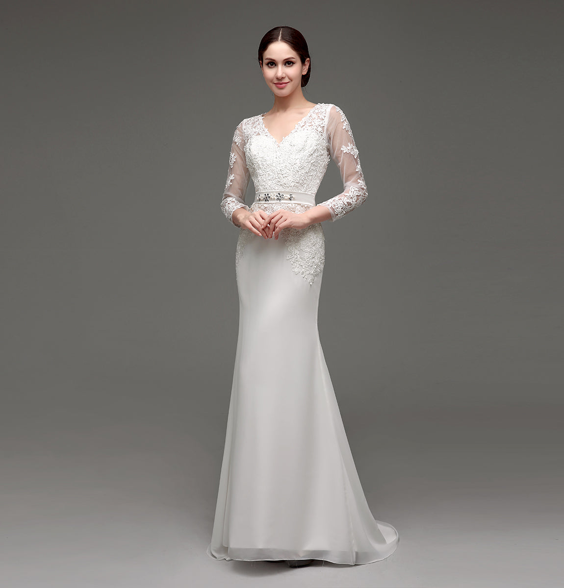 7‑Day Dispatch Long Sleeve V‑Neck Lace Mermaid Wedding Dress Beaded Waistband Sheer Back Bridal Gown
