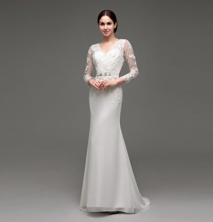 7‑Day Dispatch Long Sleeve V‑Neck Lace Mermaid Wedding Dress Beaded Waistband Sheer Back Bridal Gown