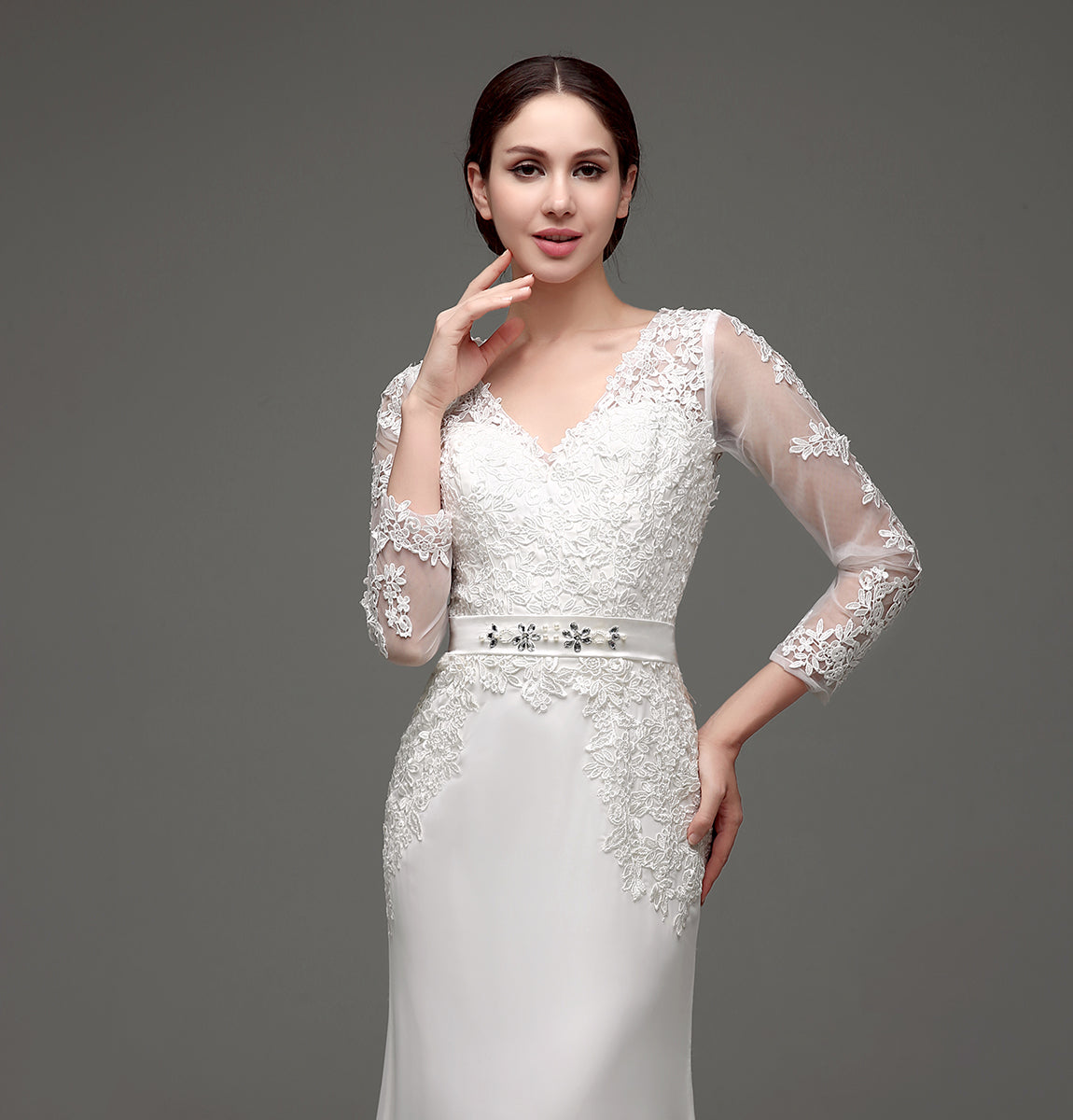 7‑Day Dispatch Long Sleeve V‑Neck Lace Mermaid Wedding Dress Beaded Waistband Sheer Back Bridal Gown