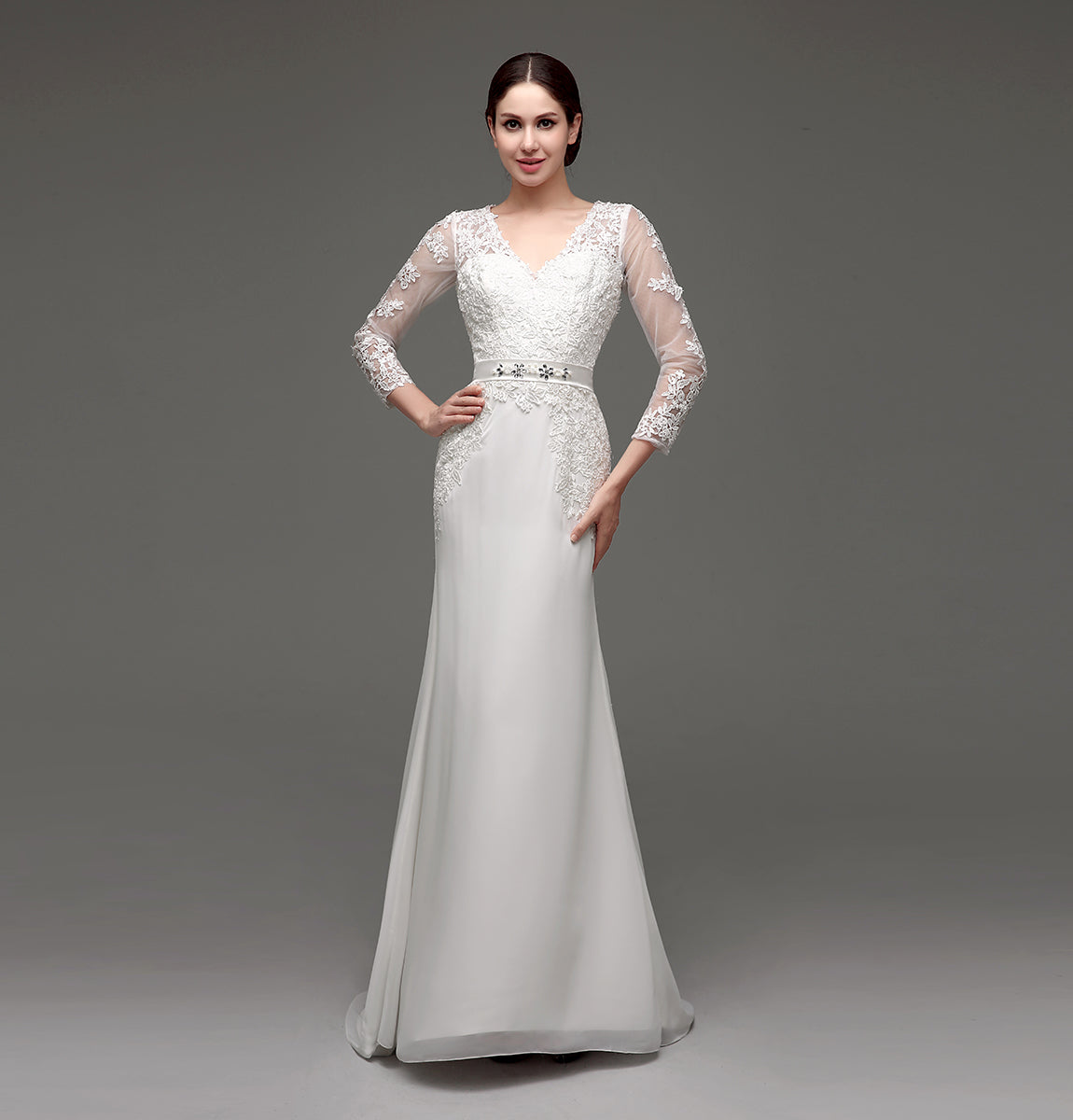 7‑Day Dispatch Long Sleeve V‑Neck Lace Mermaid Wedding Dress Beaded Waistband Sheer Back Bridal Gown