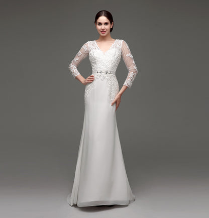 7‑Day Dispatch Long Sleeve V‑Neck Lace Mermaid Wedding Dress Beaded Waistband Sheer Back Bridal Gown