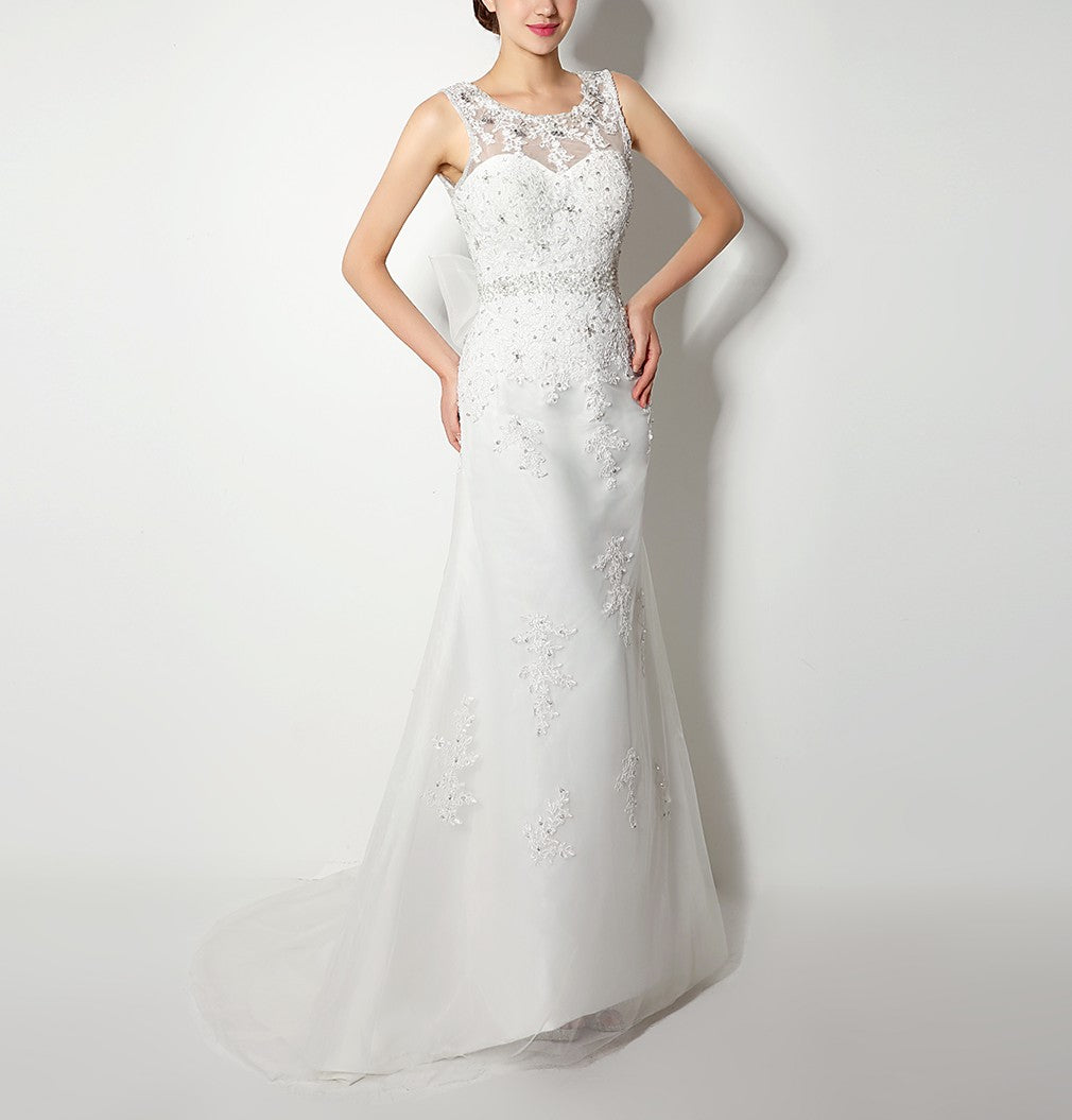 7‑Day Dispatch Sleeveless Illusion Neck Lace Mermaid Wedding Dress Low V‑Back with Oversized Bow Bridal Gown