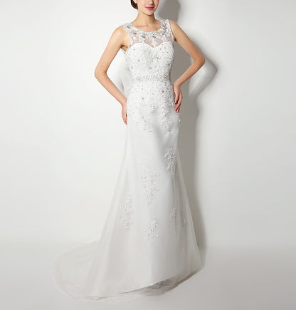7‑Day Dispatch Sleeveless Illusion Neck Lace Mermaid Wedding Dress Low V‑Back with Oversized Bow Bridal Gown
