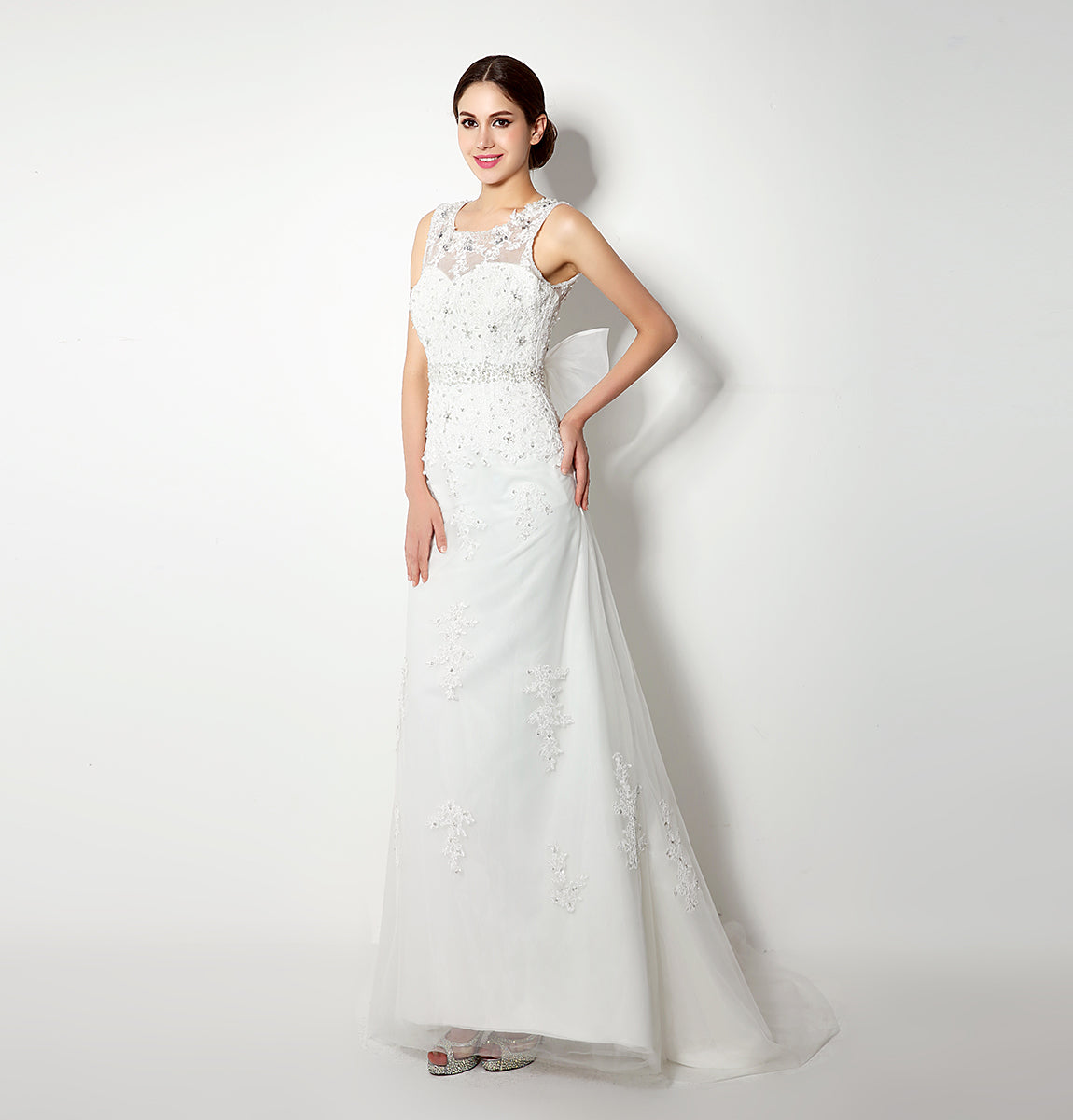 7‑Day Dispatch Sleeveless Illusion Neck Lace Mermaid Wedding Dress Low V‑Back with Oversized Bow Bridal Gown