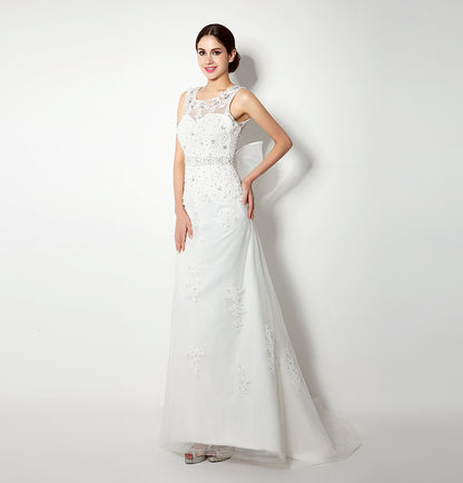 7‑Day Dispatch Sleeveless Illusion Neck Lace Mermaid Wedding Dress Low V‑Back with Oversized Bow Bridal Gown