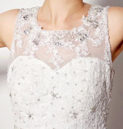 7‑Day Dispatch Sleeveless Illusion Neck Lace Mermaid Wedding Dress Low V‑Back with Oversized Bow Bridal Gown