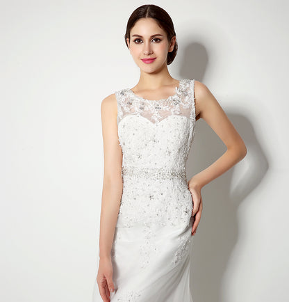7‑Day Dispatch Sleeveless Illusion Neck Lace Mermaid Wedding Dress Low V‑Back with Oversized Bow Bridal Gown