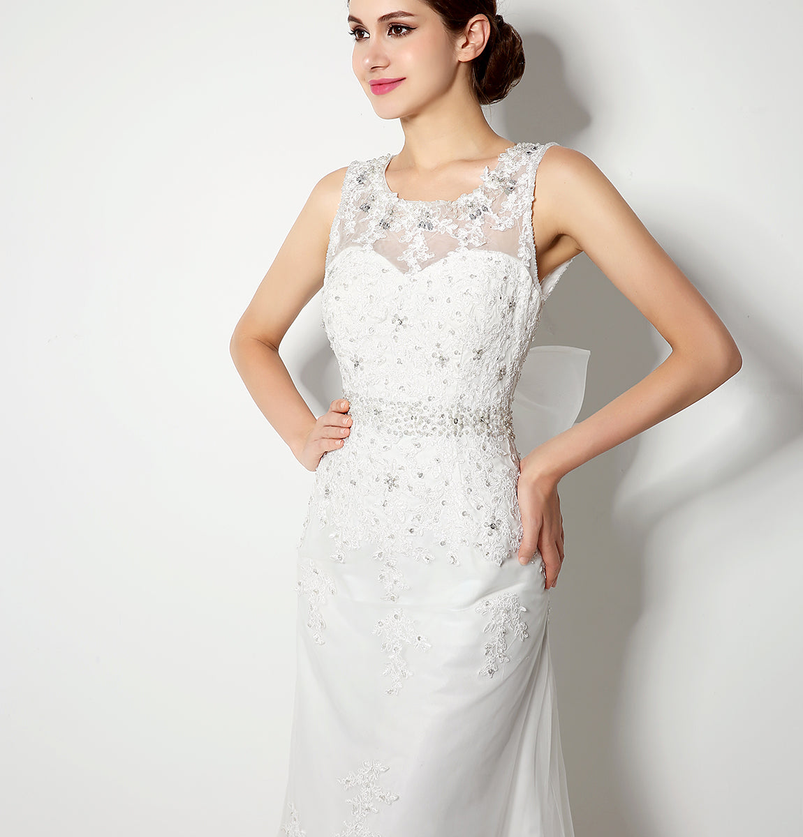 7‑Day Dispatch Sleeveless Illusion Neck Lace Mermaid Wedding Dress Low V‑Back with Oversized Bow Bridal Gown