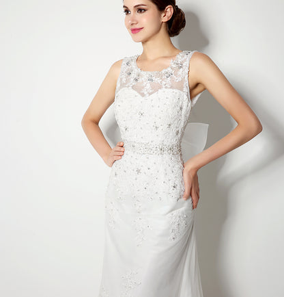 7‑Day Dispatch Sleeveless Illusion Neck Lace Mermaid Wedding Dress Low V‑Back with Oversized Bow Bridal Gown