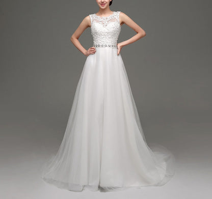 7‑Day Dispatch Sleeveless Illusion Neck Lace Tulle A‑Line Wedding Dress Beaded Waist Bridal Gown