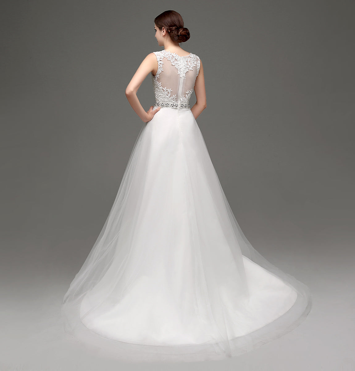 7‑Day Dispatch Sleeveless Illusion Neck Lace Tulle A‑Line Wedding Dress Beaded Waist Bridal Gown