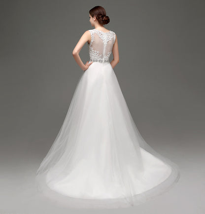 7‑Day Dispatch Sleeveless Illusion Neck Lace Tulle A‑Line Wedding Dress Beaded Waist Bridal Gown