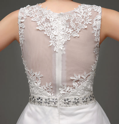 7‑Day Dispatch Sleeveless Illusion Neck Lace Tulle A‑Line Wedding Dress Beaded Waist Bridal Gown