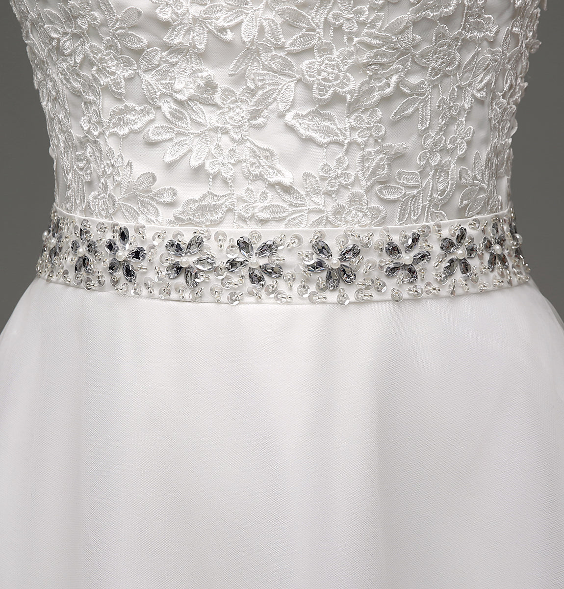 7‑Day Dispatch Sleeveless Illusion Neck Lace Tulle A‑Line Wedding Dress Beaded Waist Bridal Gown