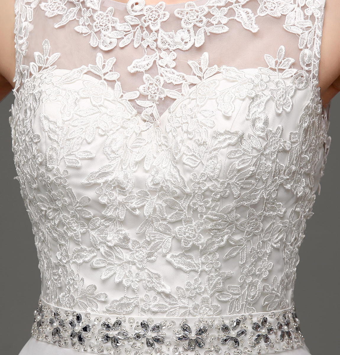 7‑Day Dispatch Sleeveless Illusion Neck Lace Tulle A‑Line Wedding Dress Beaded Waist Bridal Gown