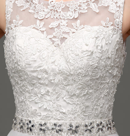 7‑Day Dispatch Sleeveless Illusion Neck Lace Tulle A‑Line Wedding Dress Beaded Waist Bridal Gown