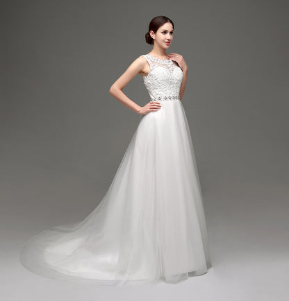 7‑Day Dispatch Sleeveless Illusion Neck Lace Tulle A‑Line Wedding Dress Beaded Waist Bridal Gown