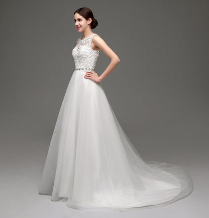 7‑Day Dispatch Sleeveless Illusion Neck Lace Tulle A‑Line Wedding Dress Beaded Waist Bridal Gown