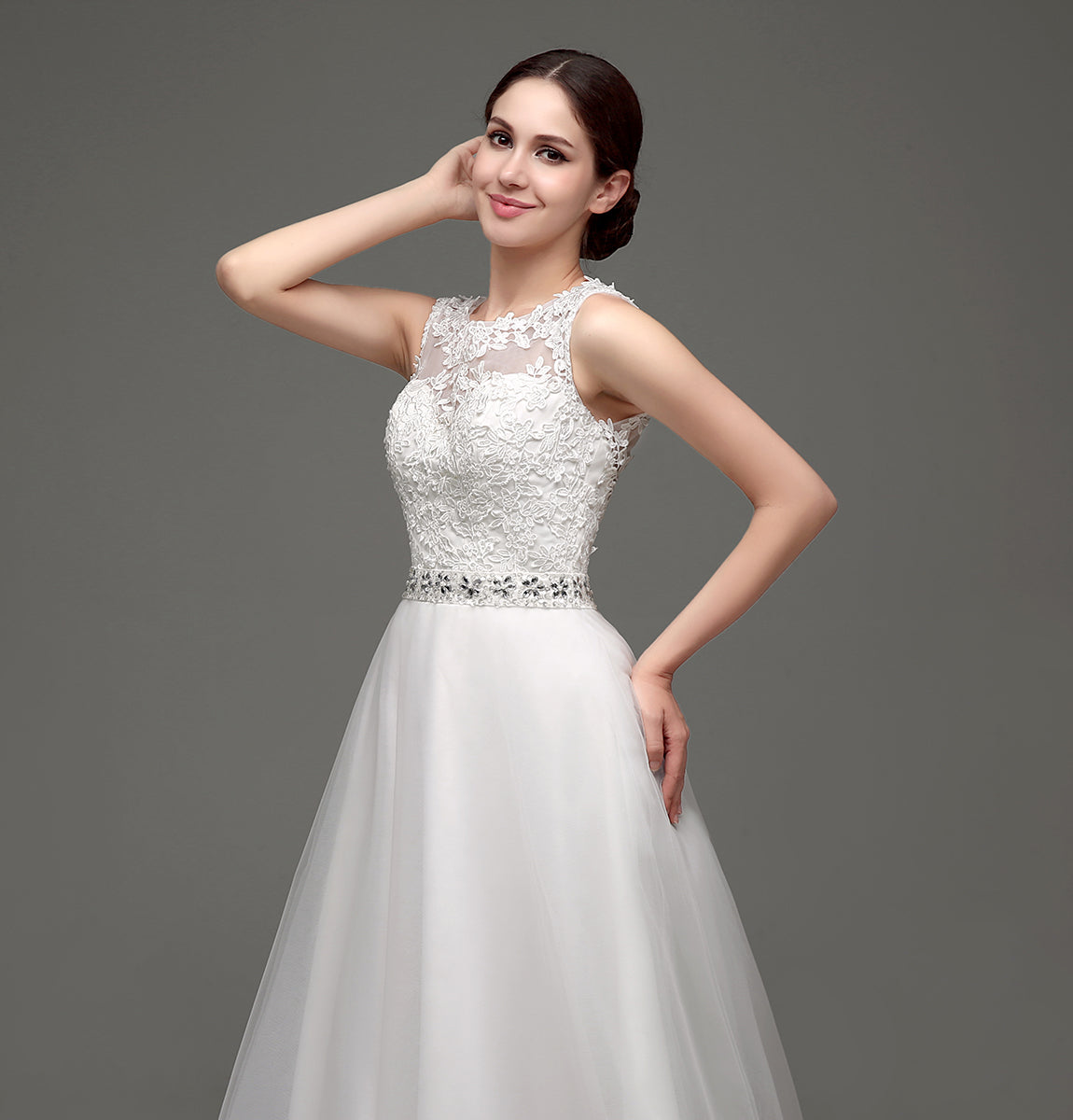 7‑Day Dispatch Sleeveless Illusion Neck Lace Tulle A‑Line Wedding Dress Beaded Waist Bridal Gown