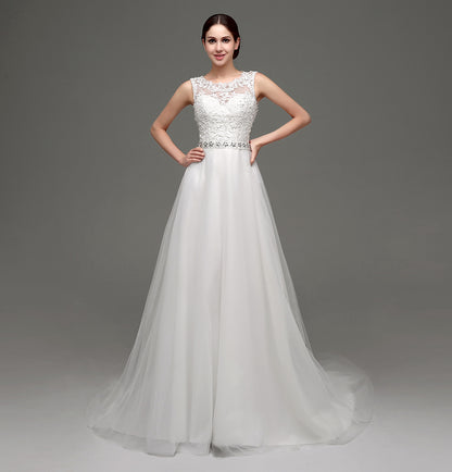 7‑Day Dispatch Sleeveless Illusion Neck Lace Tulle A‑Line Wedding Dress Beaded Waist Bridal Gown