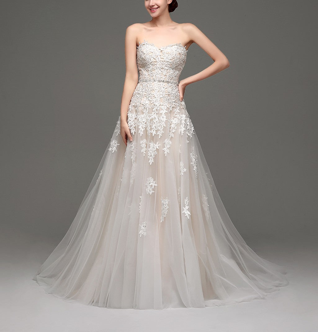 7‑Day Dispatch Strapless Sweetheart Lace Applique Tulle A‑Line Wedding Dress Corset Back Bridal Gown
