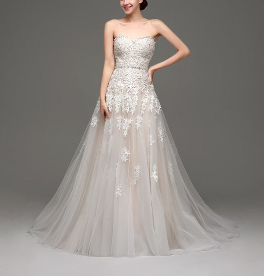 7‑Day Dispatch Strapless Sweetheart Lace Applique Tulle A‑Line Wedding Dress Corset Back Bridal Gown