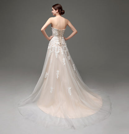 7‑Day Dispatch Strapless Sweetheart Lace Applique Tulle A‑Line Wedding Dress Corset Back Bridal Gown