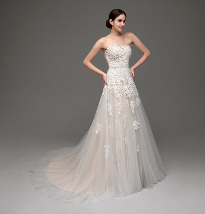 7‑Day Dispatch Strapless Sweetheart Lace Applique Tulle A‑Line Wedding Dress Corset Back Bridal Gown
