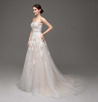7‑Day Dispatch Strapless Sweetheart Lace Applique Tulle A‑Line Wedding Dress Corset Back Bridal Gown