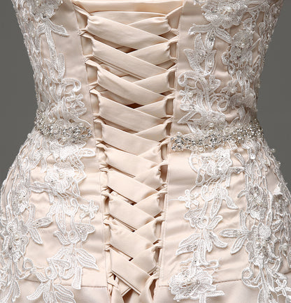 7‑Day Dispatch Strapless Sweetheart Lace Applique Tulle A‑Line Wedding Dress Corset Back Bridal Gown