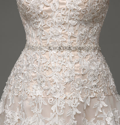 7‑Day Dispatch Strapless Sweetheart Lace Applique Tulle A‑Line Wedding Dress Corset Back Bridal Gown