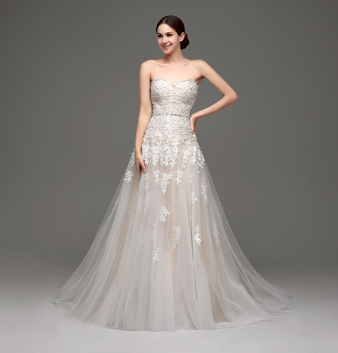7‑Day Dispatch Strapless Sweetheart Lace Applique Tulle A‑Line Wedding Dress Corset Back Bridal Gown
