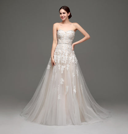 7‑Day Dispatch Strapless Sweetheart Lace Applique Tulle A‑Line Wedding Dress Corset Back Bridal Gown
