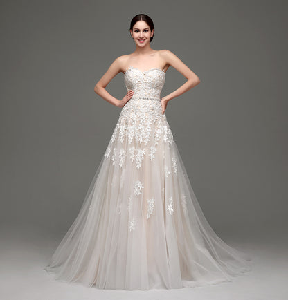 7‑Day Dispatch Strapless Sweetheart Lace Applique Tulle A‑Line Wedding Dress Corset Back Bridal Gown