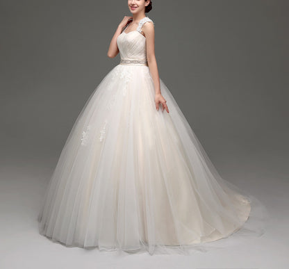 7‑Day Dispatch Sweetheart Lace Strap Ball Gown Wedding Dress Cutout Back Corset with Bow Chapel Train Bridal Gown Product Description
